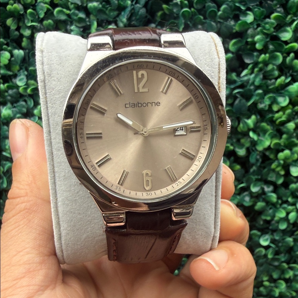 Claiborne Metallic Silver Watch with Rich Brown Strap